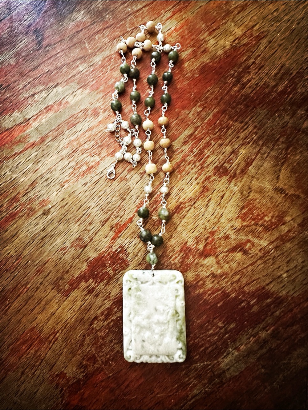 White and Green jade carved botanical garden, wood, silver pearl Necklace